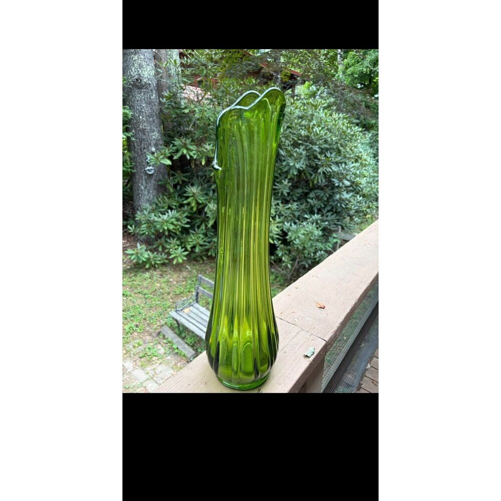 L E Smith Hand Blown Glass Avocado Green Swung Vase 19" tall